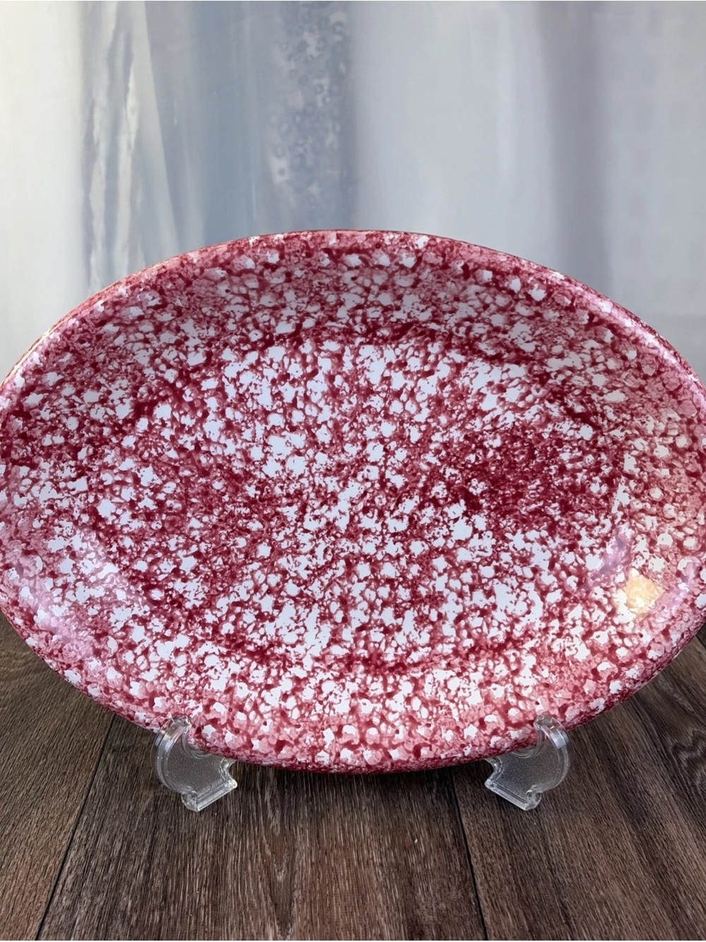 Roma, Inc Red & White Spongeware Serving Platter Hand Painted in Italy 13” X 9”